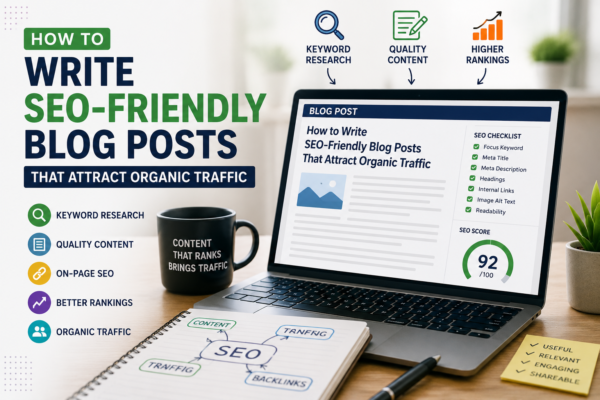 Image showing SEO-friendly blog post with laptop and keyword research and organic traffic analytics displayed on screen.