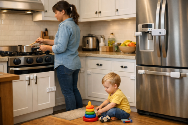 Childproofed kitchen with stove knob covers, cabinet locks, and refrigerator safety lock.