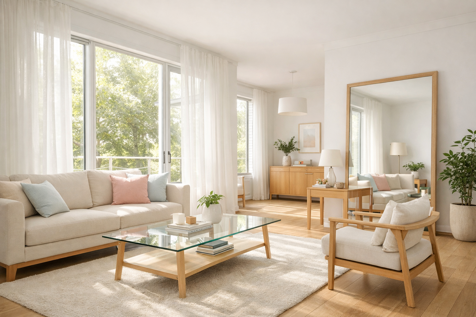 8 Simple Ways to Increase Natural Light in Your Home 3 Modern living room with floor-to-ceiling windows, mirrors, and sheer curtains maximizing natural light.