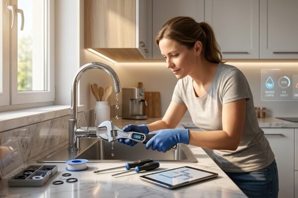 Easy plumbing repairs being performed by a homeowner using smart tools in a modern kitchen