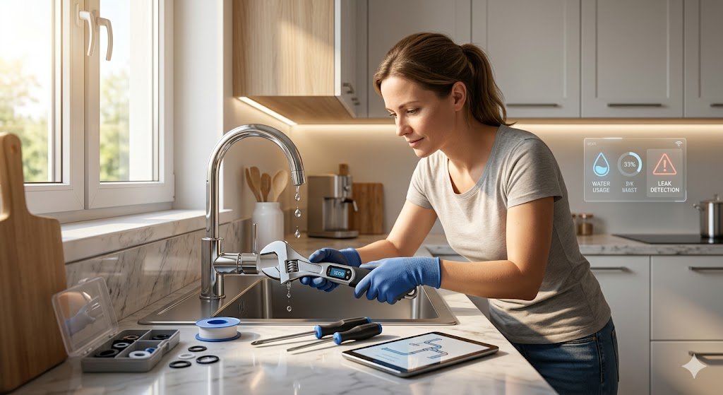 Easy plumbing repairs being performed by a homeowner using smart tools in a modern kitchen