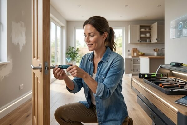 Homeowner performing DIY home repairs with smart tools in a modern house