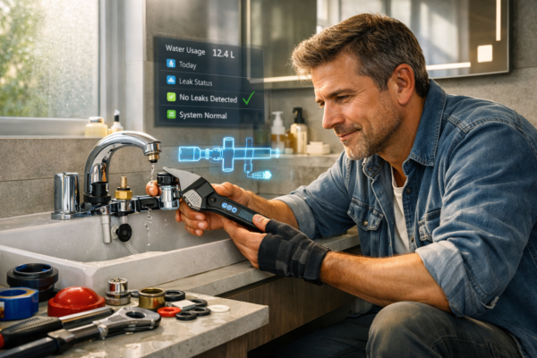 Homeowner fixing common home plumbing problems with modern tools in a smart home bathroom