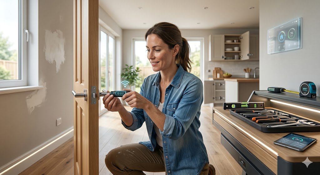 Homeowner performing DIY home repairs with smart tools in a modern house
