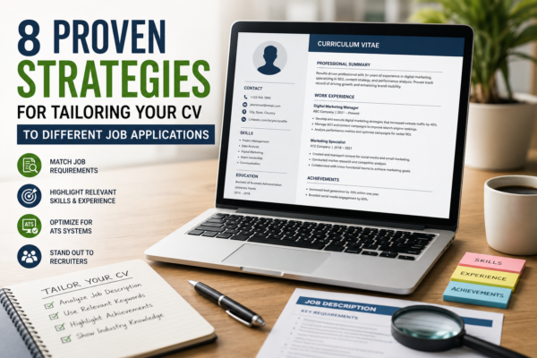 Professional tailoring a CV for jobs application on a laptop with recruitment documents and career planning materials.