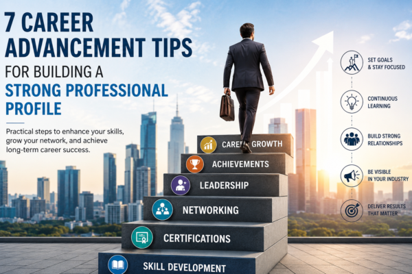 Image showing career advancement tips for building a strong career profile through networking, leadership, and skill development.
