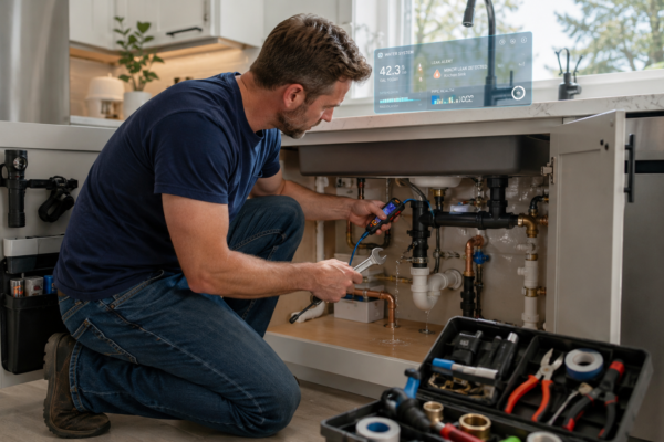 Homeowner fixing common plumbing problems under a kitchen sink with modern plumbing tools