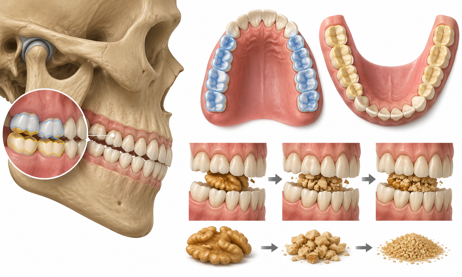 Human skull, teeth, and chewing process