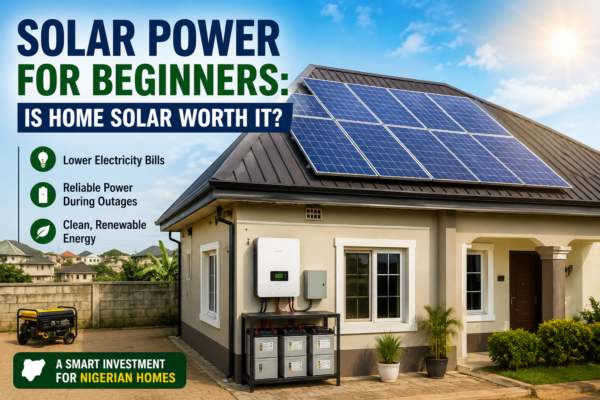 Rooftop with home solar panels installed, and a small inverter/battery setup