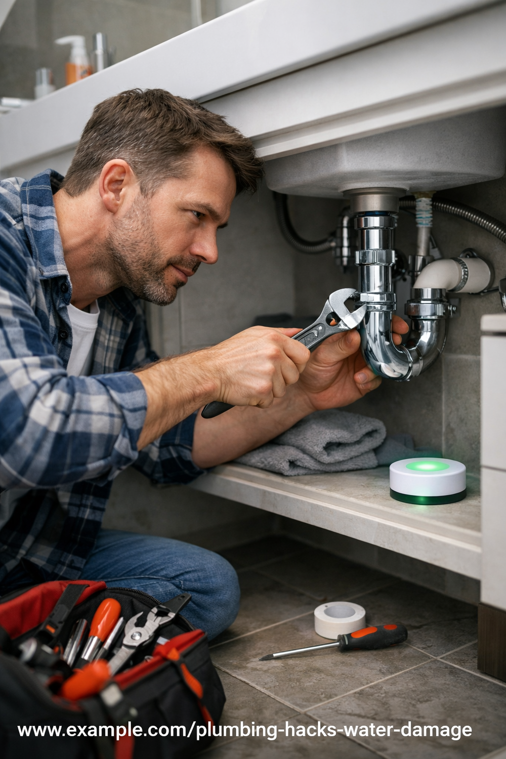 Homeowner fixing bathroom pipe with leak detector nearby.