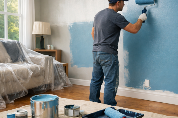 Modern living room mid-painting with painter applying smooth coat of paint.