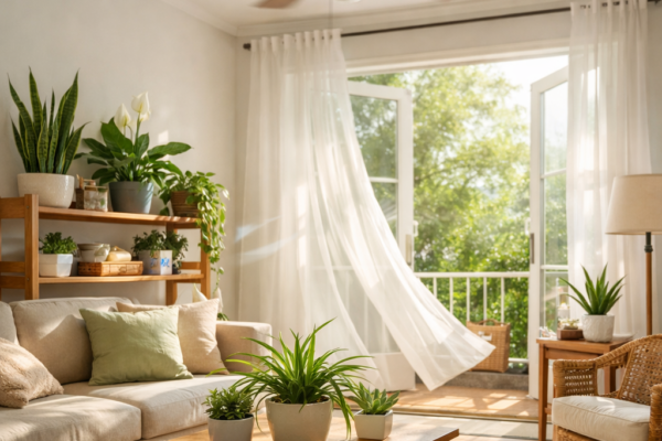 Modern living room with open windows, sunlight, and houseplants improving indoor air quality.
