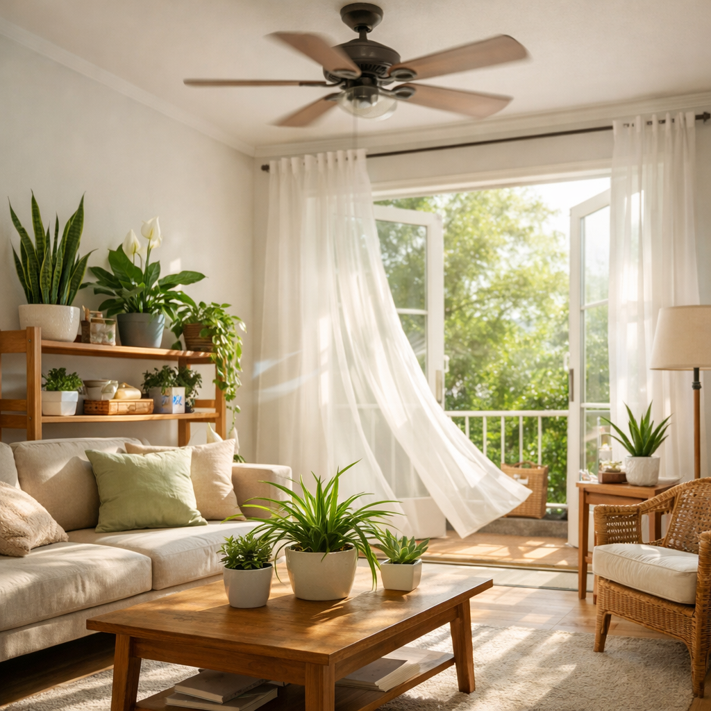 Modern living room with open windows, sunlight, and houseplants improving indoor air quality.
