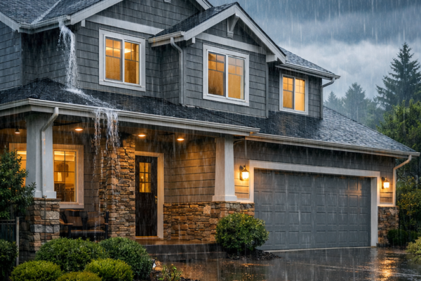 Modern home with clean gutters and effective drainage during heavy rainfall.
