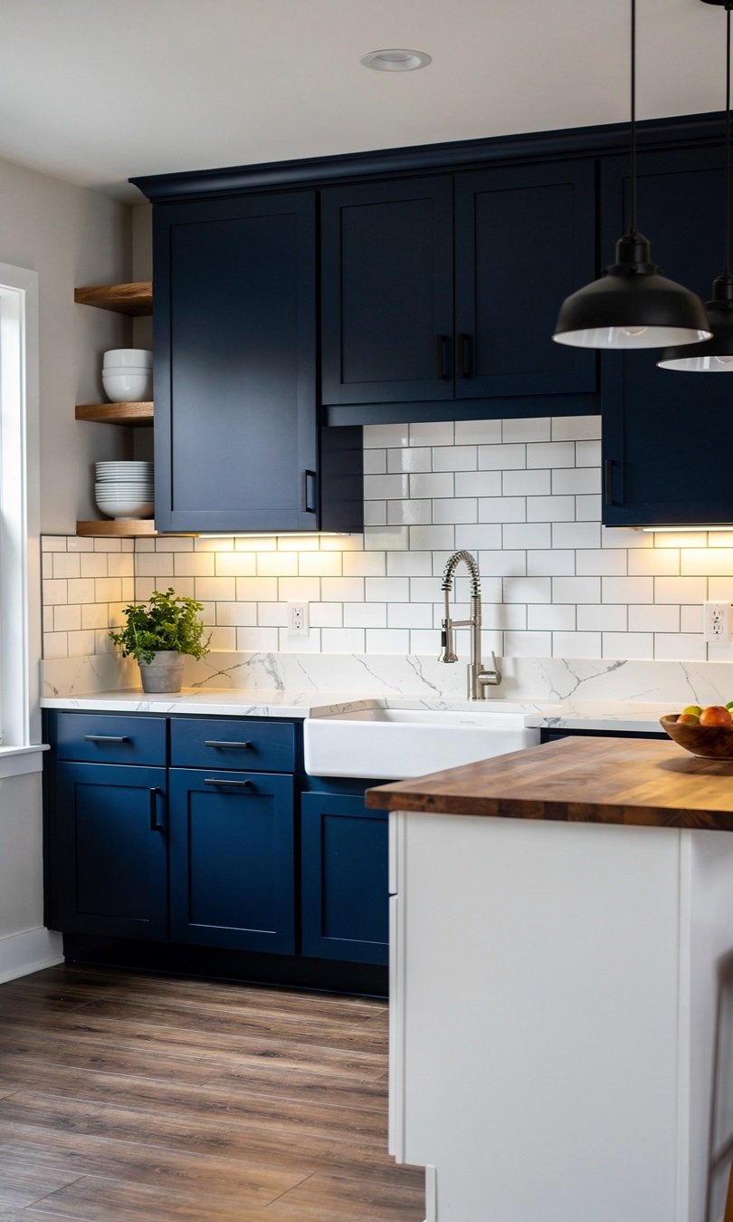 8 Budget-Friendly Kitchen Upgrade Ideas That Add Instant Value 2 Modern budget-friendly kitchen with repainted navy blue cabinets, white quartz-look laminate countertops, matte black fixtures, and pendant lighting over island