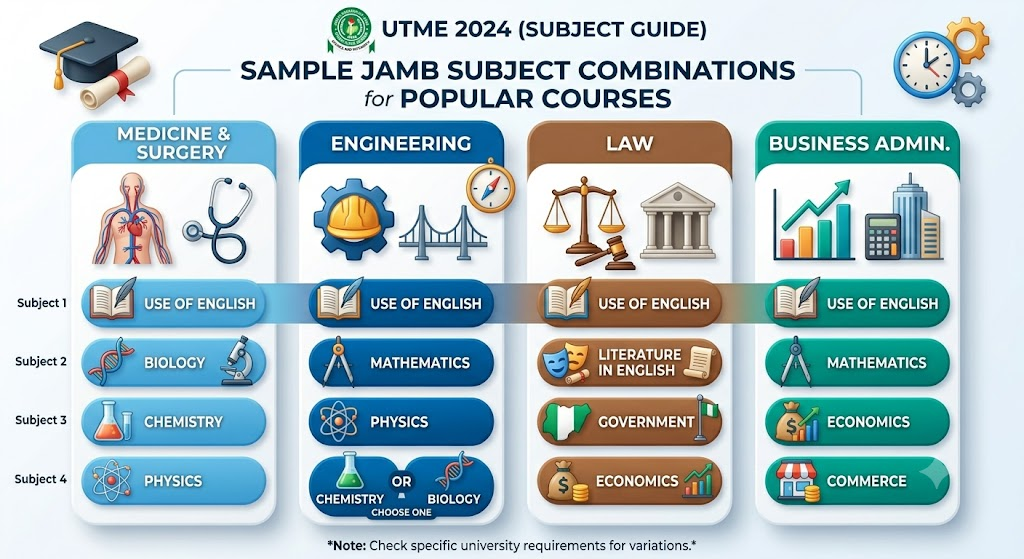 Table of recommended JAMB subject combinations for popular Nigerian university courses.