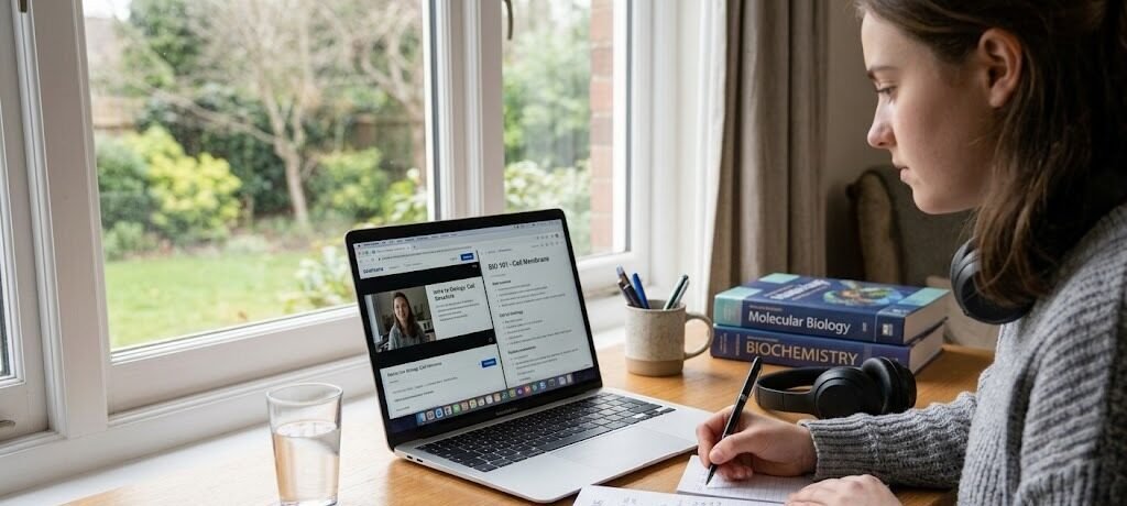Organized digital study setup with laptop, online course platform, and productivity tools for remote learning.
