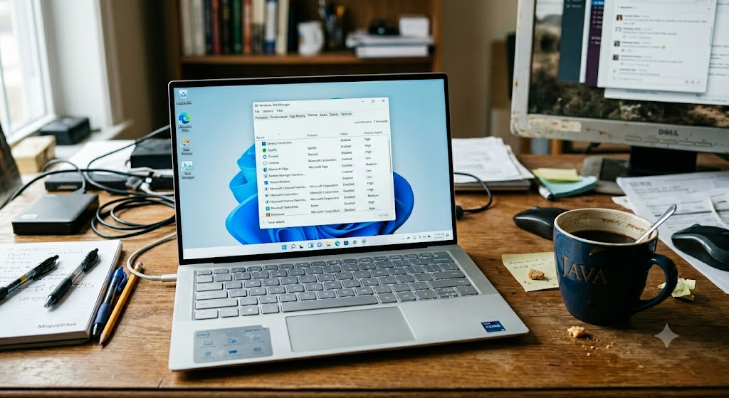 Windows Task Manager showing startup programs and disk cleanup in progress