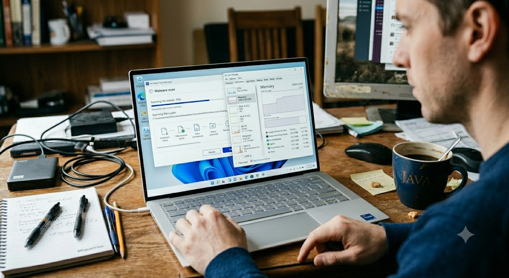 Laptop performing malware scan and monitoring RAM usage for optimization