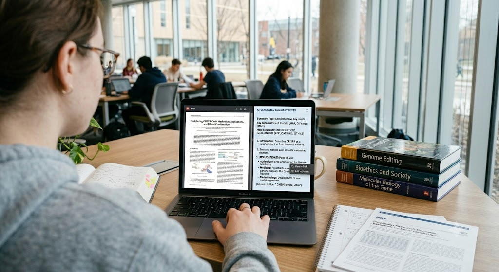 Student using AI summarization tools to review research papers efficiently