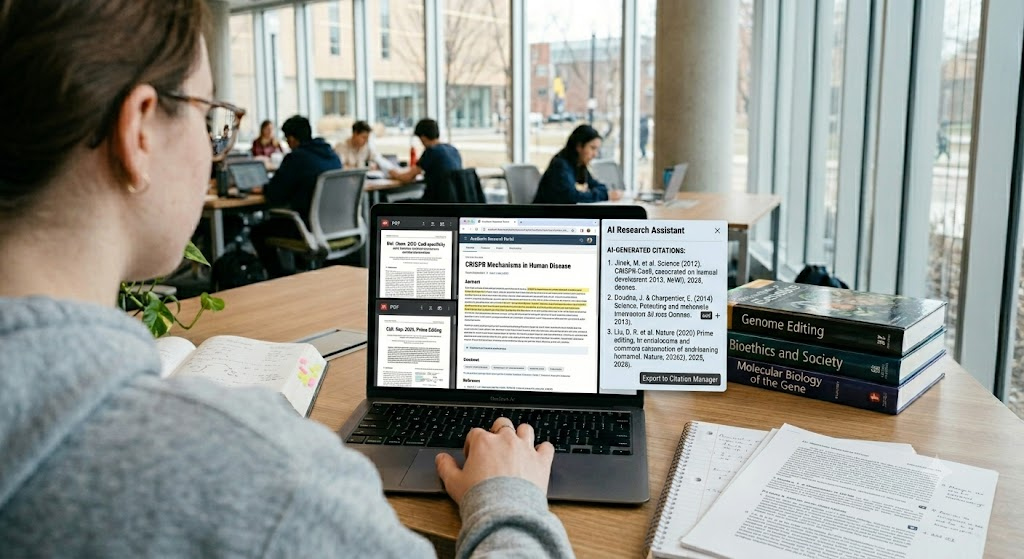 Student using AI research tools to verify information and find academic sources