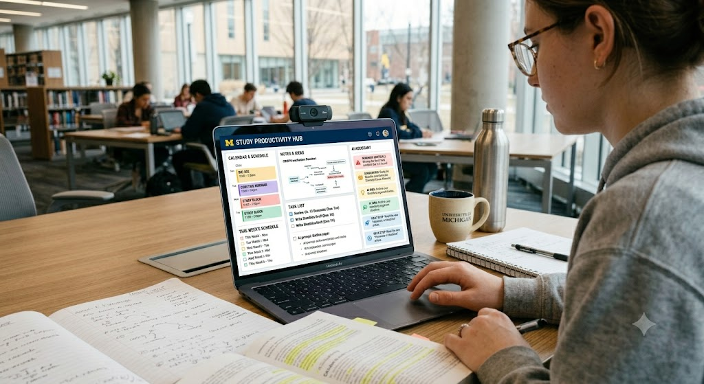Student organizing study tasks and assignments with AI productivity tools