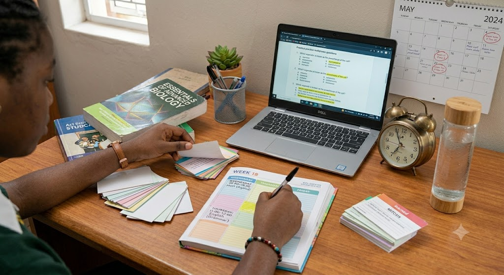 Student actively revising with flashcards and notes to stay consistent for WAEC, NECO, and JAMB