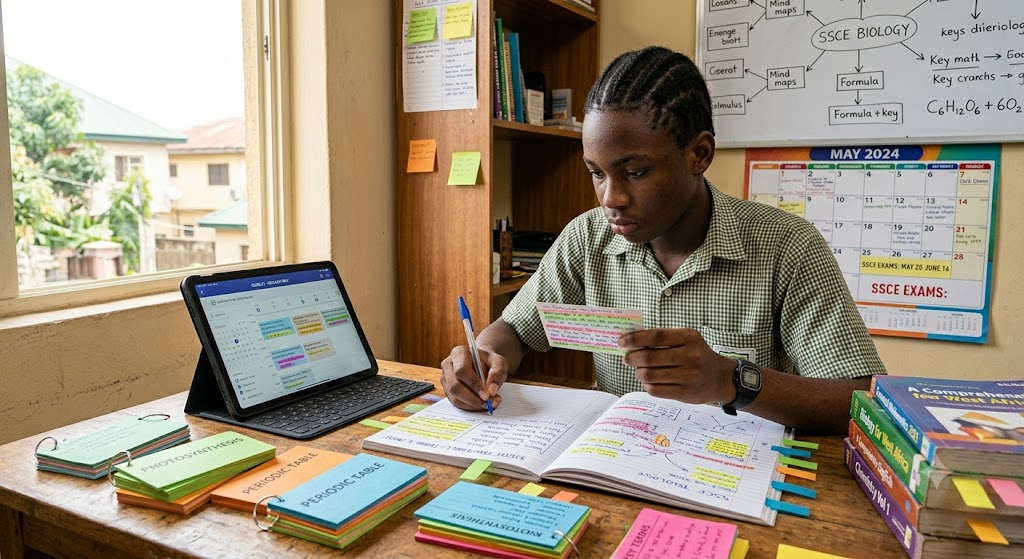9 Proven Strategies in the Ultimate WAEC, NECO, and JAMB Preparation Plan for High Scores 3 Student actively revising with notes and flashcards for WAEC, NECO, and JAMB