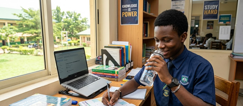 8 Effective Ways to Balance School, Coaching Classes, and Exam Preparation 2 Nigerian student planning daily study schedule at desk with books and laptop