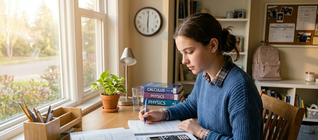 Morning vs. Night Study: 5 Factors to Consider for WAEC, NECO, and JAMB Preparation 2 Student studying mathematics in the morning with natural light and study materials on desk