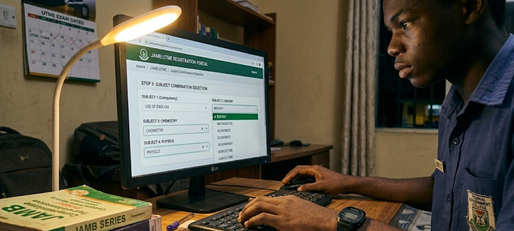 How to Choose the Correct JAMB Subject Combination for Any Course in Nigeria 2 Nigerian student preparing for JAMB exam with textbooks and study materials on desk