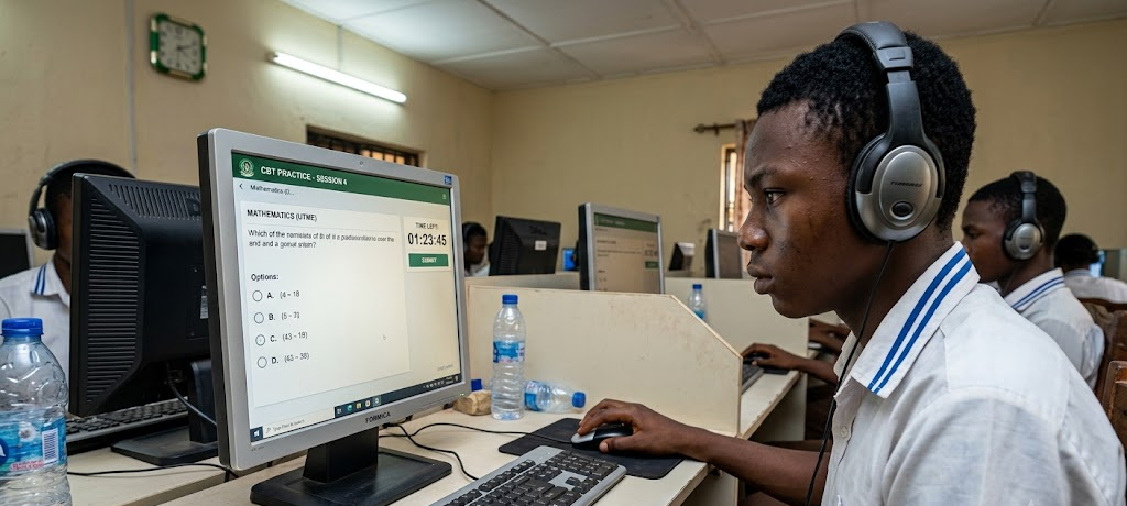 10 Proven Study Techniques to Score 250+ in JAMB Without Paid Lessons 3 Student practicing JAMB CBT exam on a computer with timer and multiple-choice questions.