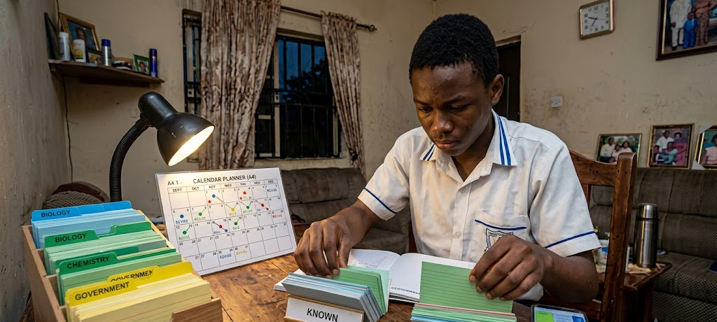 10 Proven Study Techniques to Score 250+ in JAMB Without Paid Lessons 2 Student using flashcards and spaced repetition method to study JAMB subjects.