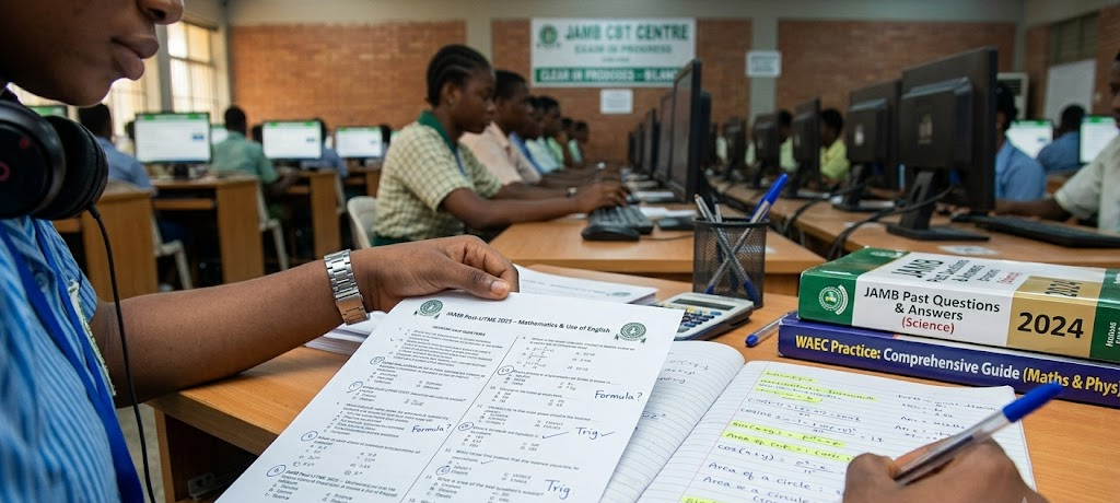 Student studying JAMB past questions and notes while preparing for Post-UTME exam in Nigeria.