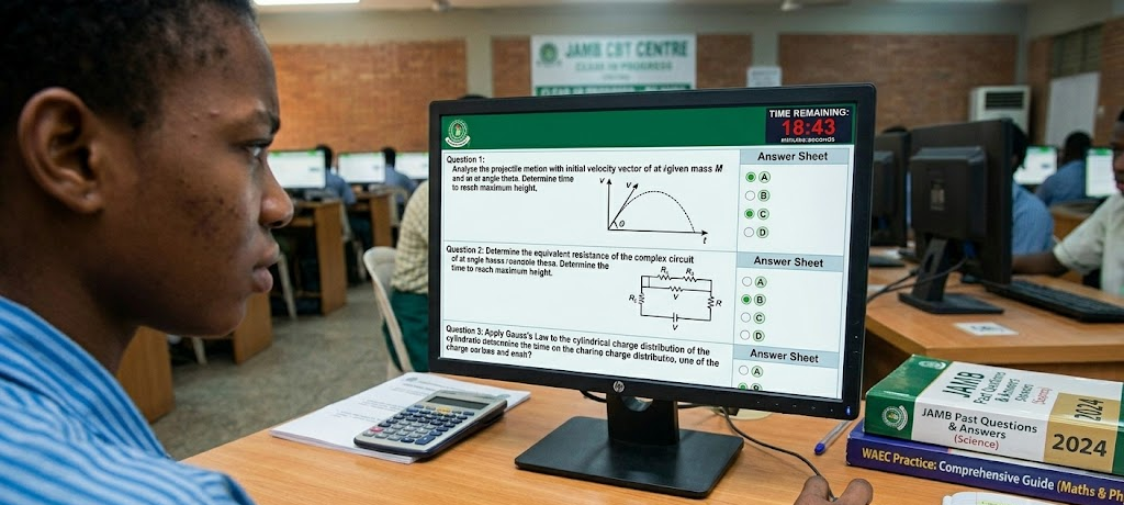 Student answering Post-UTME CBT questions quickly with a countdown timer showing exam pressure and speed requirement.