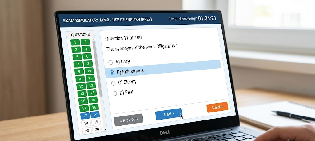 JAMB CBT practice interface showing timed multiple-choice exam questions on laptop screen