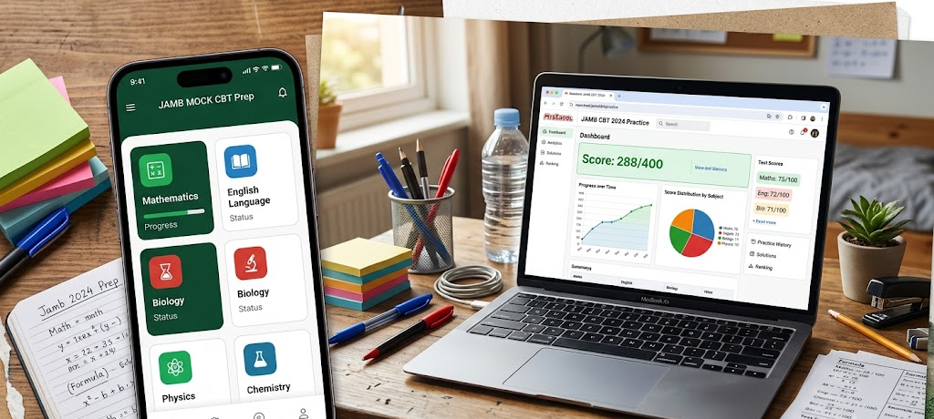 Student using mobile CBT app and laptop website for JAMB and WAEC exam practice