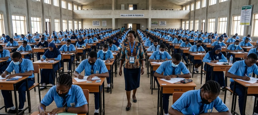 How to Answer WAEC and NECO Theory Questions to Get Full Marks: The WAEC Marking Scheme Explained 2 Students writing WAEC/NECO exam in a supervised examination hall with strict seating arrangement.