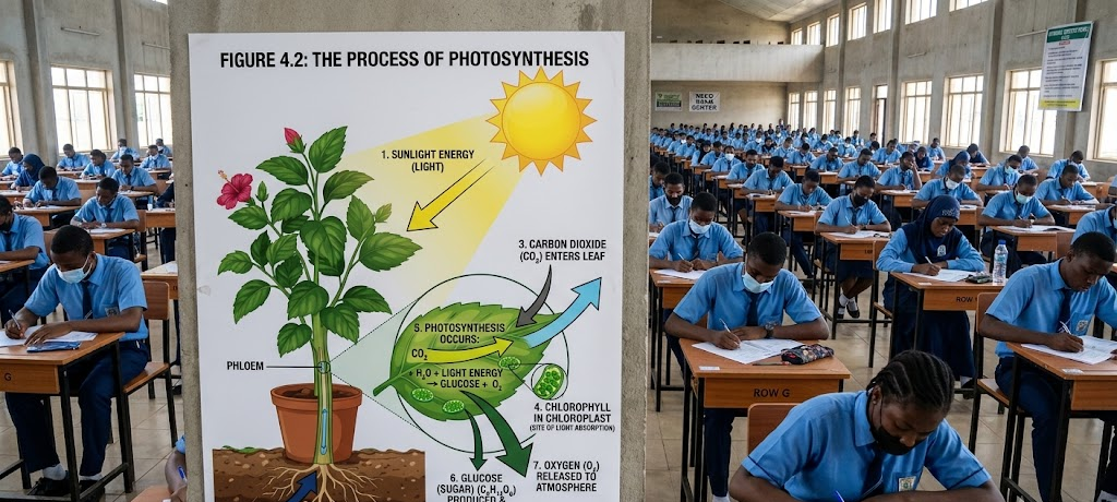 How to Answer WAEC and NECO Theory Questions to Get Full Marks: The WAEC Marking Scheme Explained 4 Diagram showing the process of photosynthesis in plants including sunlight, carbon dioxide, water, glucose production, and oxygen release.