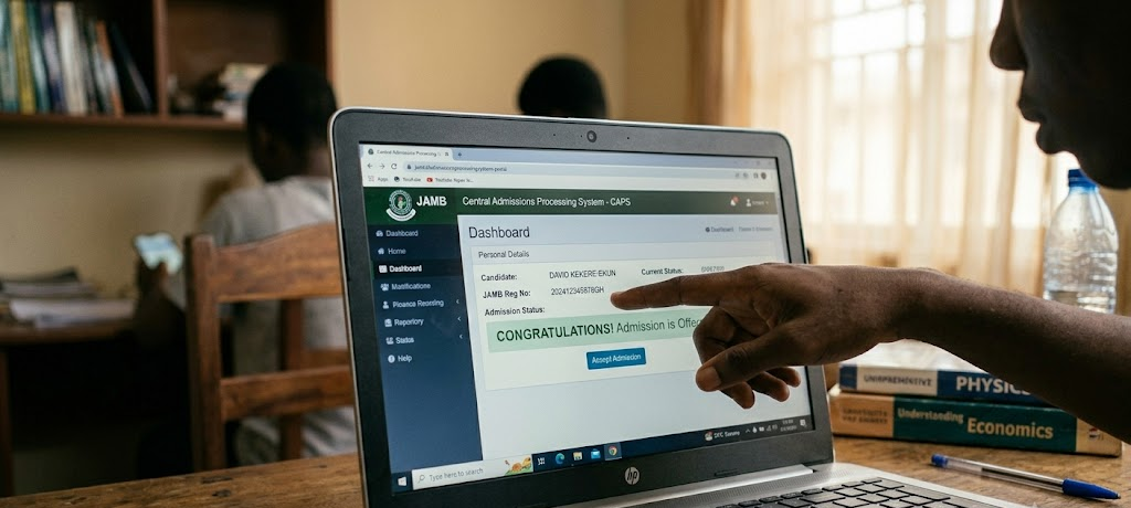 Student checking JAMB CAPS admission status on laptop