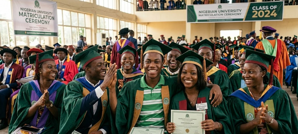 Nigerian university students during matriculation ceremony in academic gowns