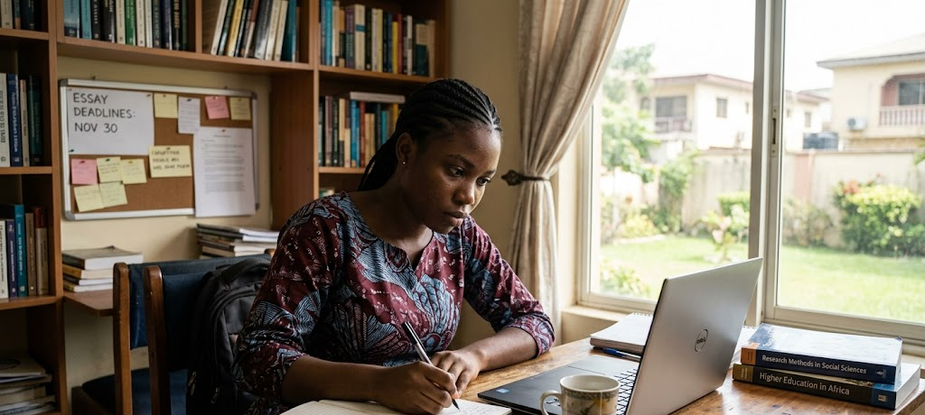 Focused Nigerian student writing a scholarship essay on a desk with laptop and books in a quiet study environment