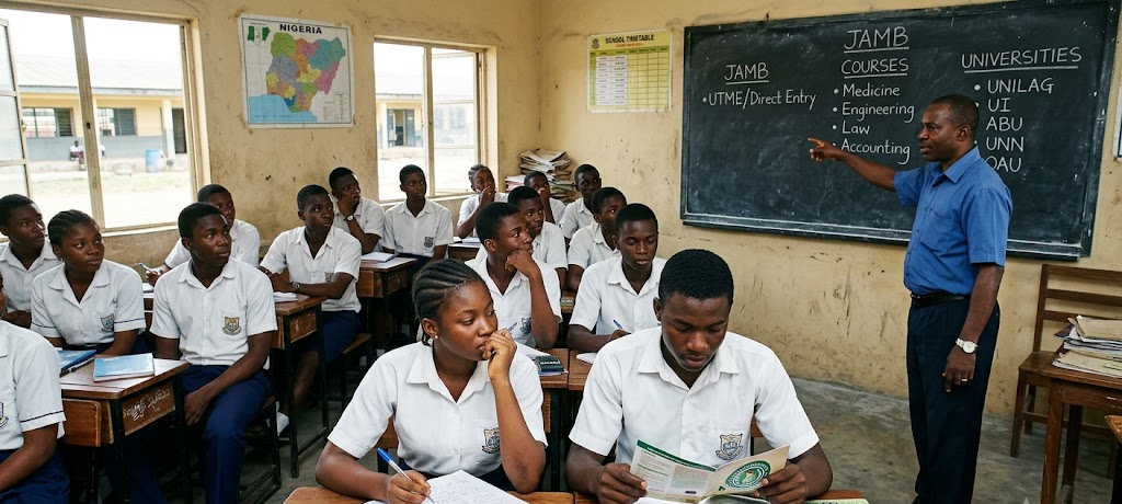 SS3 students in Nigeria classroom discussing university course and JAMB decisions with teacher guidance