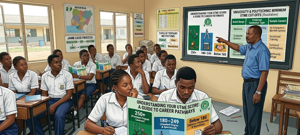 Student analyzing JAMB score chart linked to university courses and career options in Nigeria