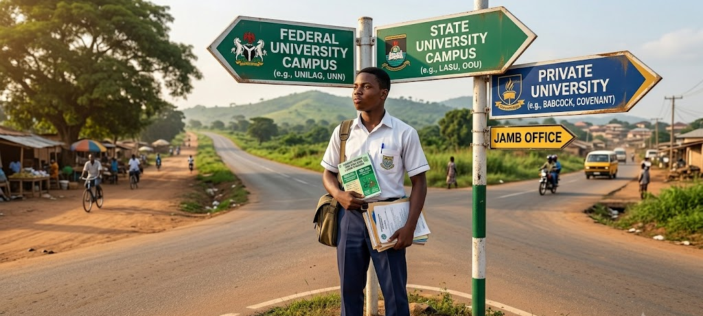 Nigerian student choosing between federal state and private universities while planning academic future