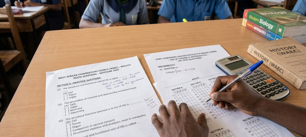 Student solving WAEC and JAMB past questions with pen, calculator, and answer sheets on desk