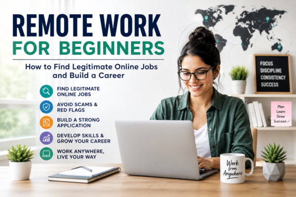 Remote work for beginners guide showing a person working from home with tips for finding legitimate online jobs and building a remote career.