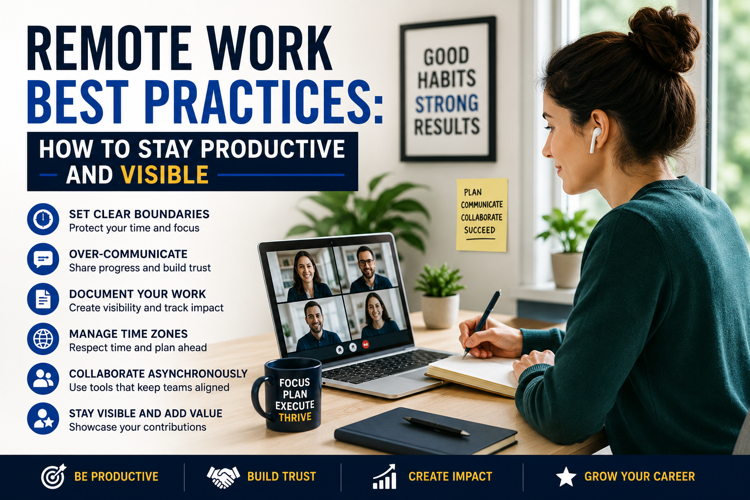 Remote Work Best Practices showing a professional working from home, managing virtual meetings, and staying productive.