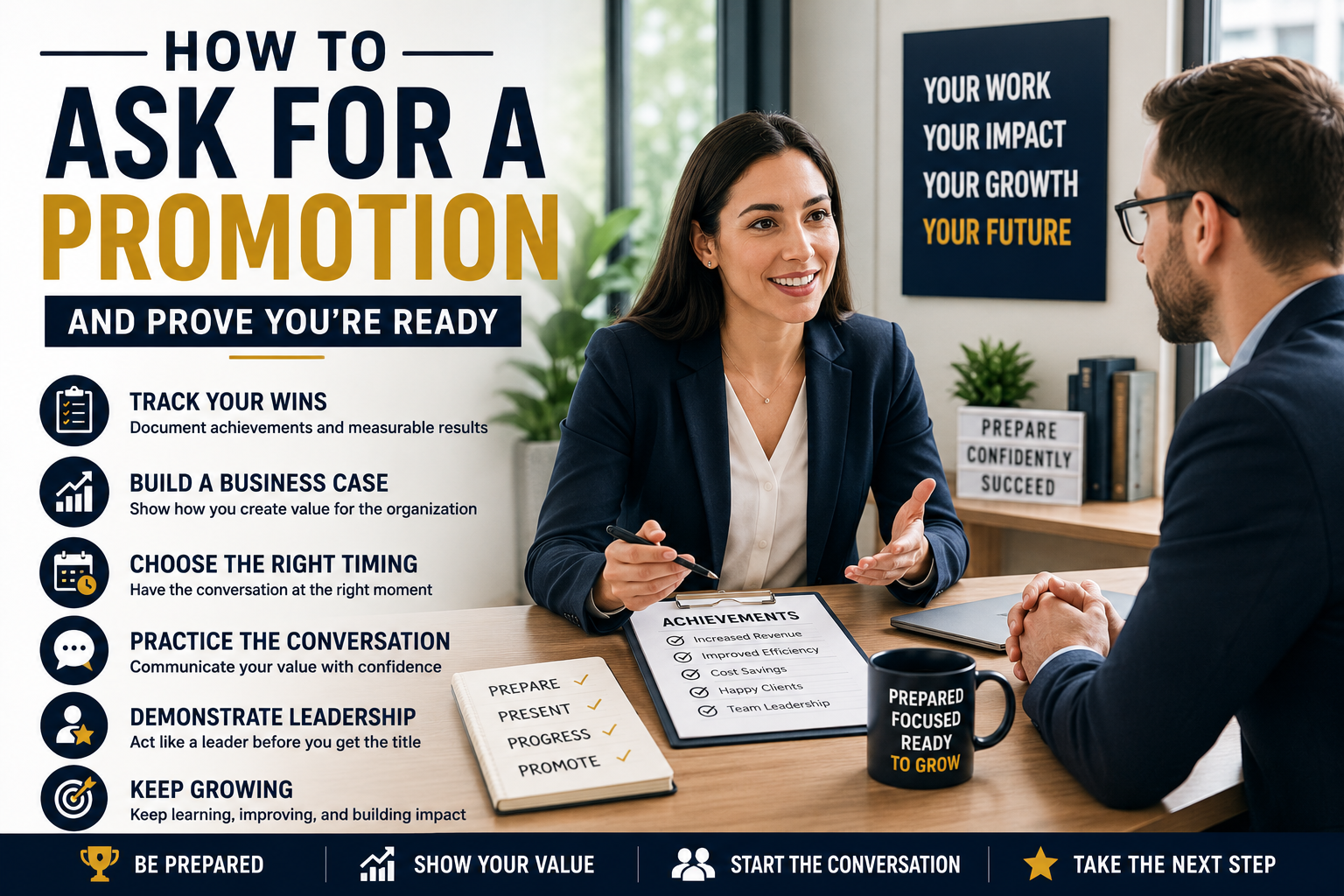 How to Ask for a Promotion by confidently presenting achievements and discussing career growth with a manager.
