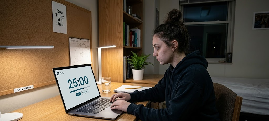 A focused student studying on a laptop in a distraction-free environment with phone turned away and focus timer active